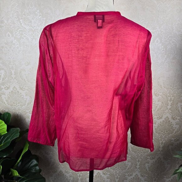 Eileen Fisher Size Large Red Sheer Blouse Button Front Round Neck Long Sleeve - Picture 8 of 12